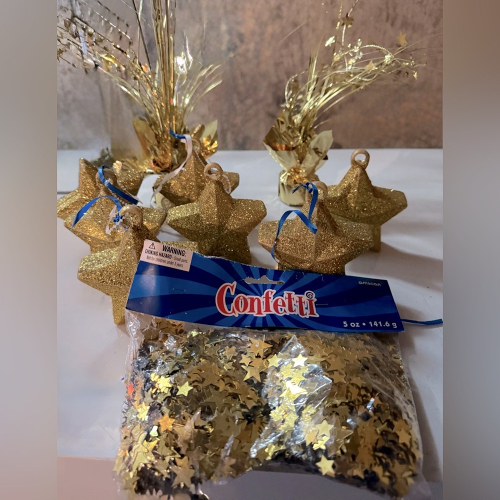9 balloonweights (7 stars & 2 sprays) 5oz bag Gold Star Confetti Party Decor